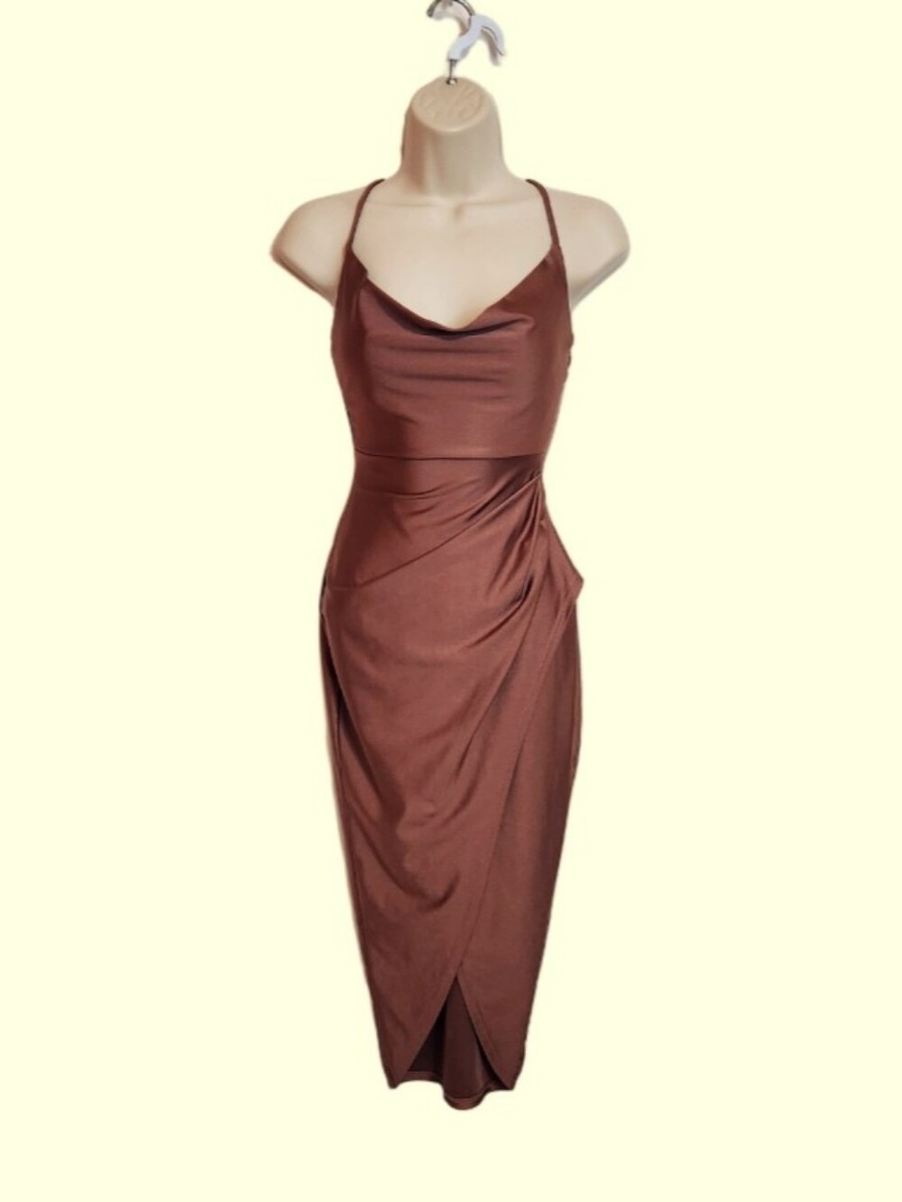 Windsor Satin Spaghetti Strap Asymmetrical Split Party Midi Dress Brown X-Small
